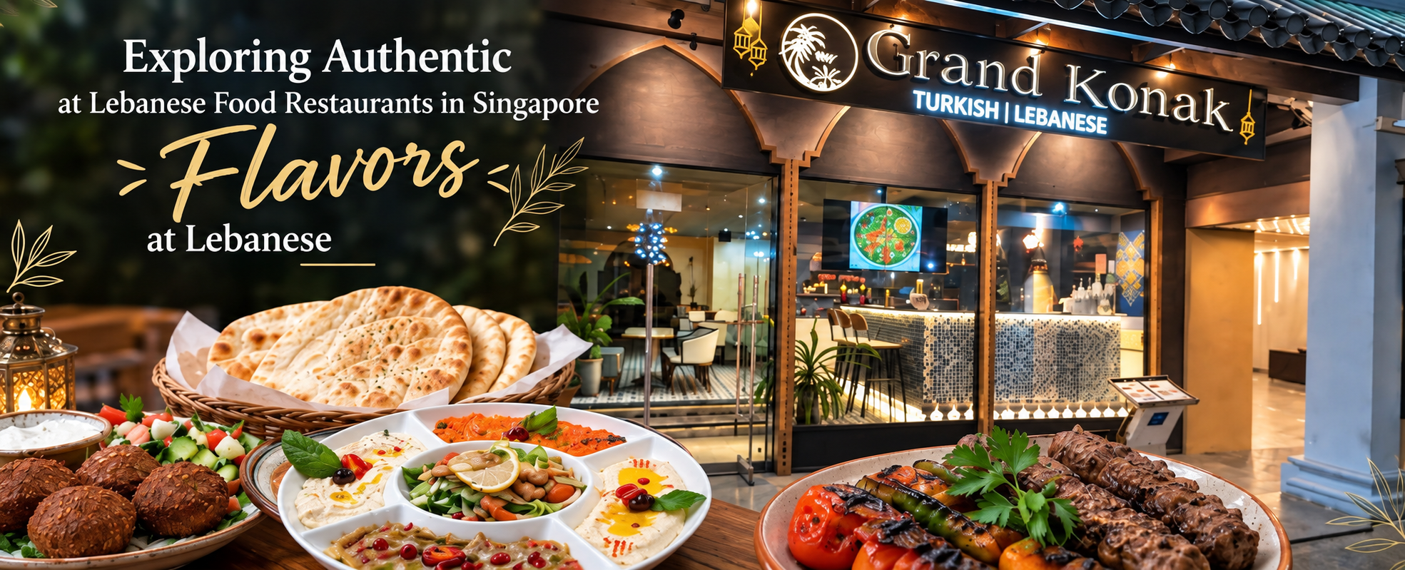 Grand Konak Turkish and Lebanese food restaurants in Singapore showing traditional mezze platter, bread, and kebabs.
