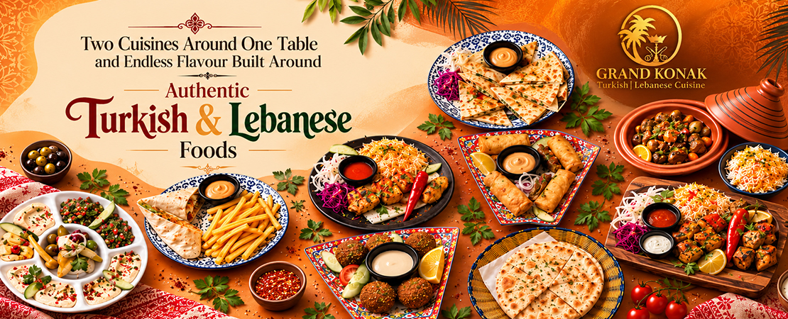 Grand Konak Turkish and Lebanese food restaurants in Singapore showing traditional mezze platter, bread, and kebabs.